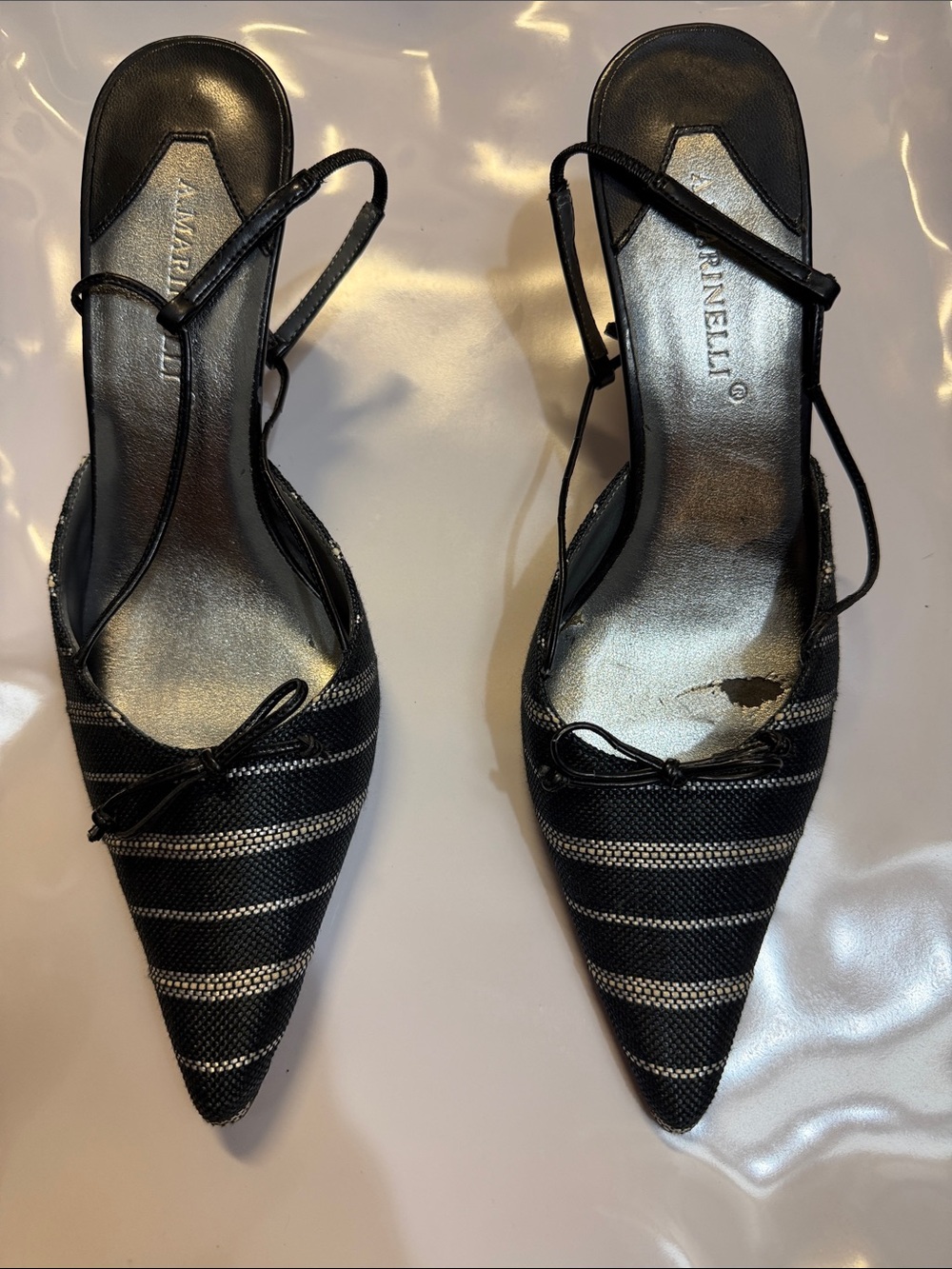 A. Marinelli Black Striped Pointed-Toe Slingback Heels